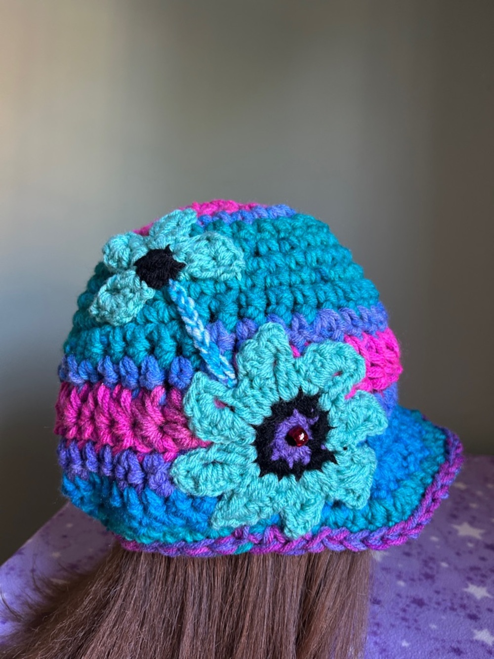 Hand-Crocheted newsboy Hat in fuchsia emerald and purple medium acrylic